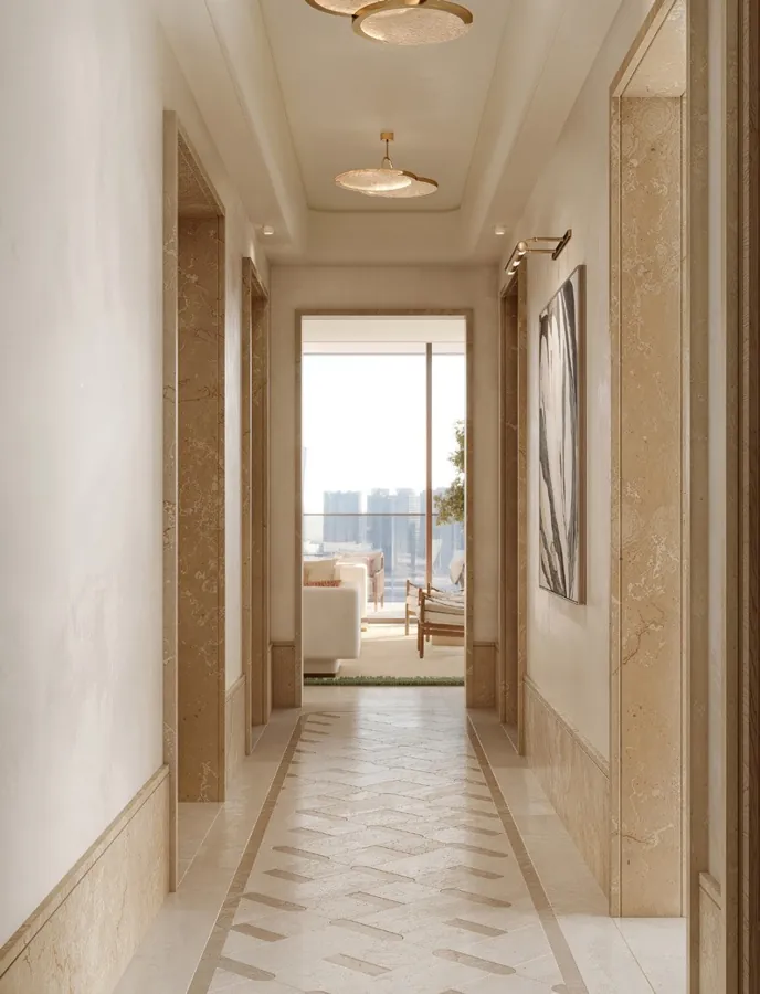 Residence entrance gallery with timber and stone finishes