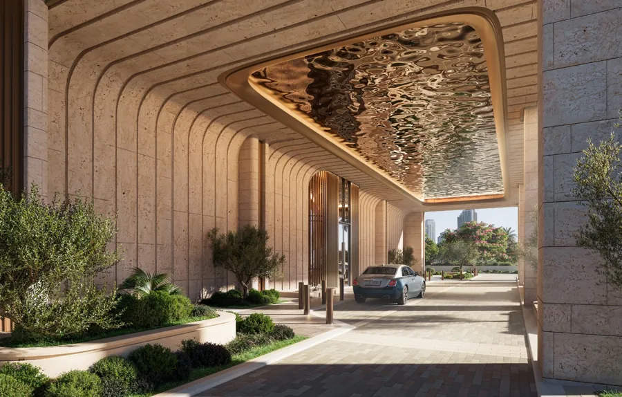 The sculpted porte-cochère and arrival drive
