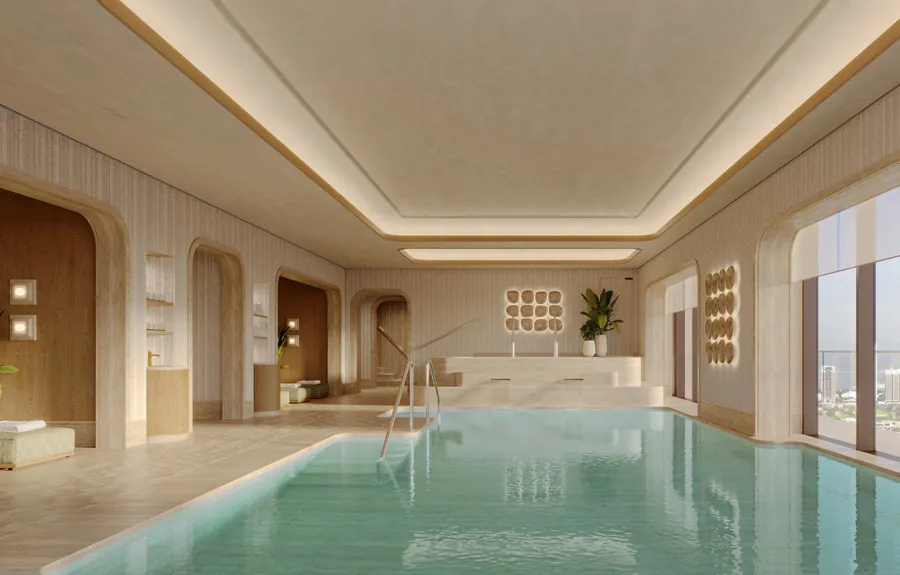 Indoor pool hall with timber ceiling and city views