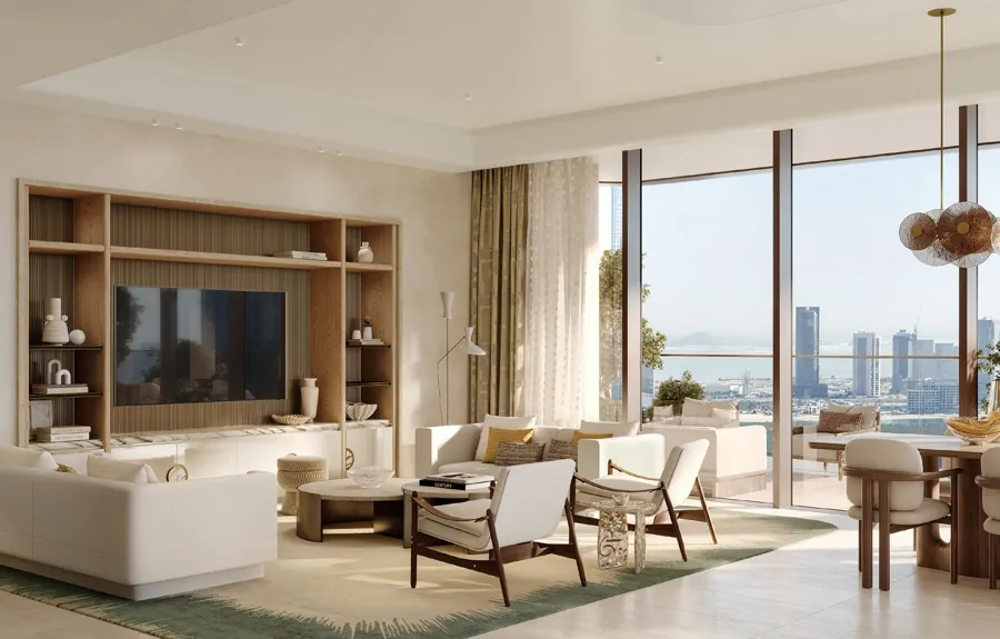 Living room with floor-to-ceiling glazing and city views at The Ritz-Carlton Residences, Al Maryah Island
