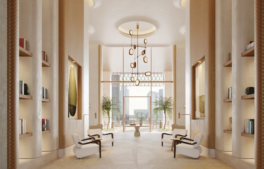 Double-height lobby lounge with sculptural chandelier