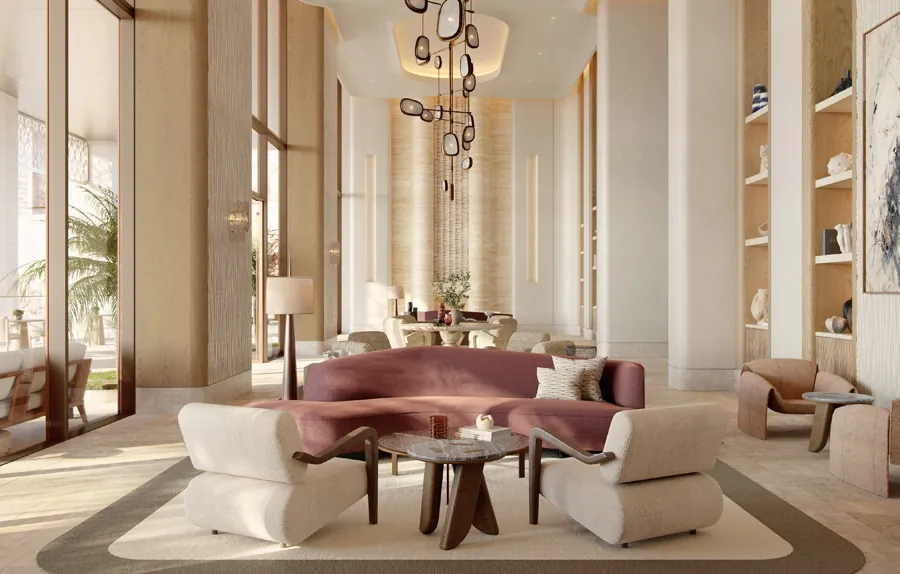 The Residential Lounge with sculptural seating and waterfront views
