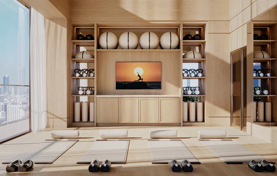 Wellness studio with mats and timber shelving