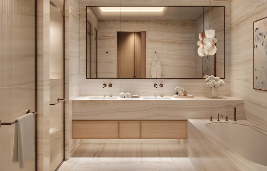 Master bathroom vanity in stone and timber